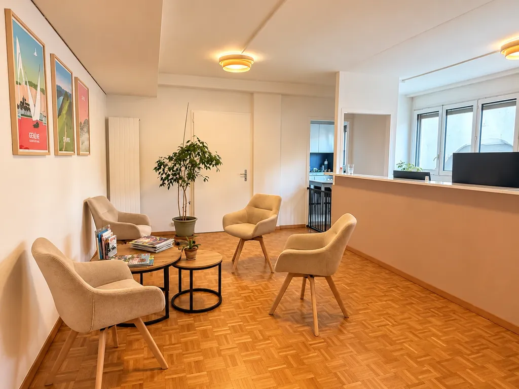 Salle d'attente et comptoir d'accueil du cabinet
