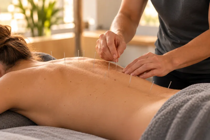 Pose d'aiguilles d'acupuncture par un thérapeute